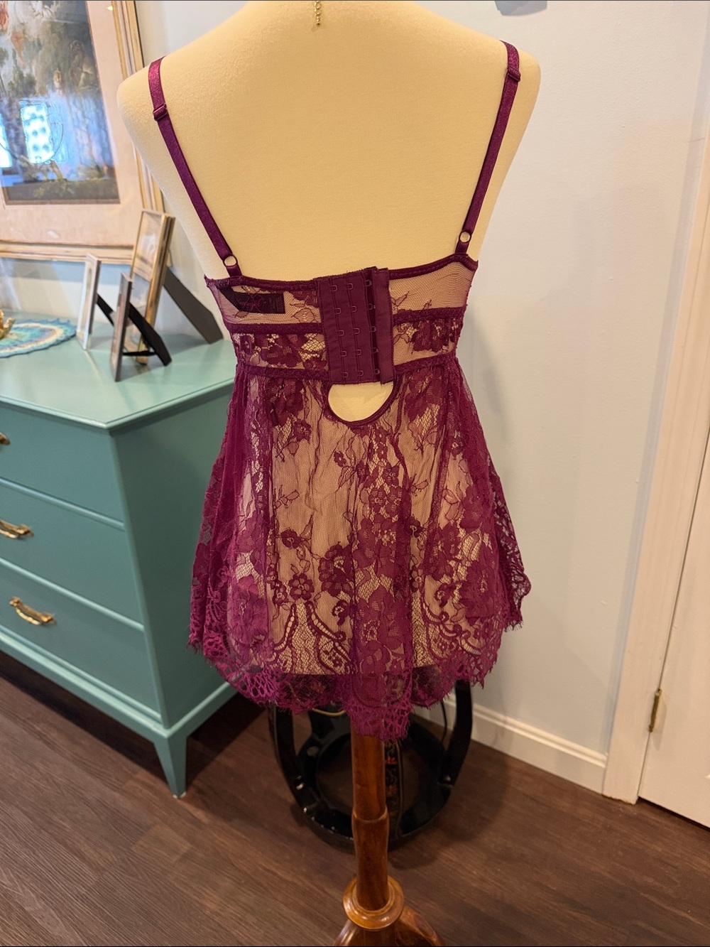 DREAMGIRL PLUM LACE BABYDOLL/ PLUM / SMALL WITH MATCHING THONG - Picture 2 of 7